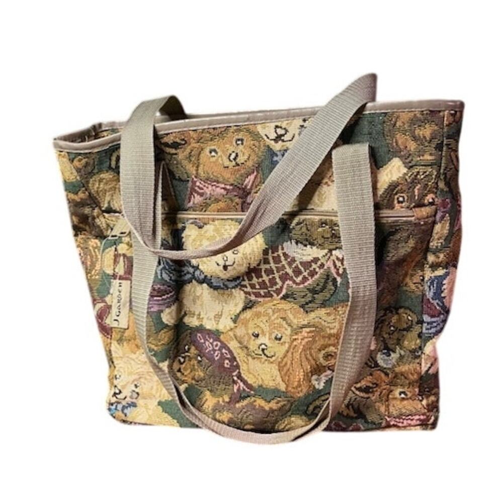 Vintage Dog Tapestry Tote Bag 23x16 Large Puppy Carryall Teacher Book Bag NWOT